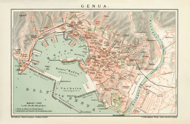 Genua mit Hafen historischer Stadtplan Italien alte Karte Lithographie ca. 1892