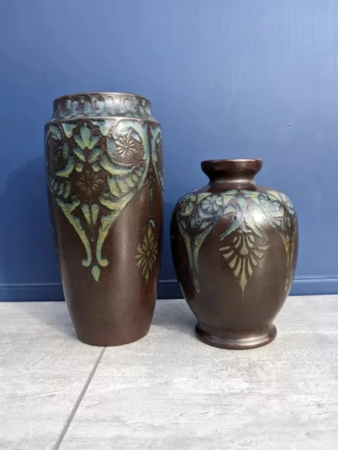 Antique Pair Lovatt's Potteries Ltd Langley Ware Floral Art Deco Vases c.1930's 2