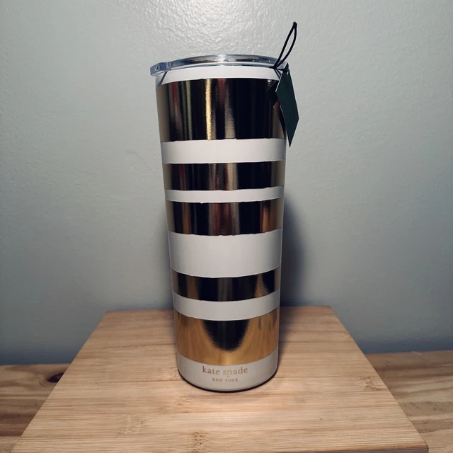 Kate Spade New York Thermal Travel Coffee Mug Tumbler 24oz Gold Stripe