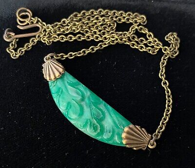 Vintage Necklace Art Deco Antique Peking Green Glass Pendant Art Deco Jewelry