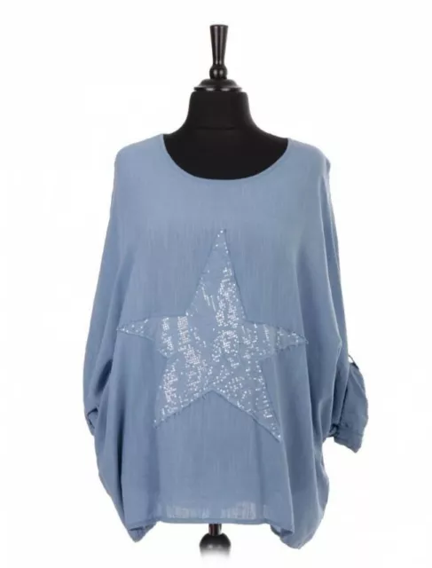 Italian Ladies Sequin Star Top Womens Lagenlook Cotton Turn up Tunic Shirt Plus