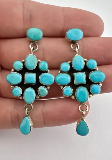 Vtg Navajo Sterling Silver Petit Point Turquoise Cluster Dangle Earrings 2.25"