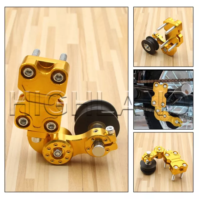 DIY Golden Aluminum Motorcycles Bike Adjustable Chain Tensioner Bolt On Roller