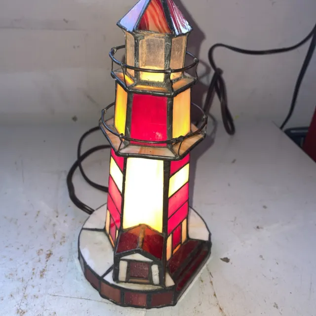 Tiffany Style Stained Glass Lighthouse Accent Lamp Red/White Nautical