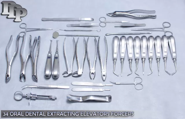 German 34 Pc Oral Dental Surgery Extracting Elevators Forceps Instrument Kit Set