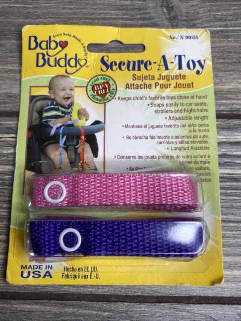Baby Buddy Secure-A-Toy Snap Straps Adjustable Length Pink Purple 2 Pack