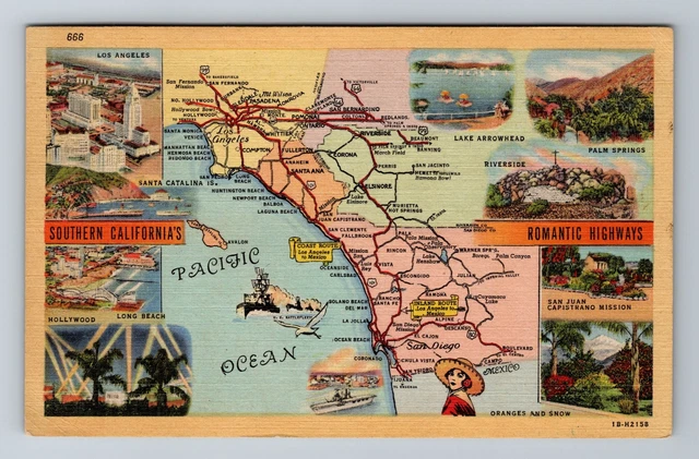 CA-California, Aerial Landmark Map, Antique, Vintage c1947 Postcard