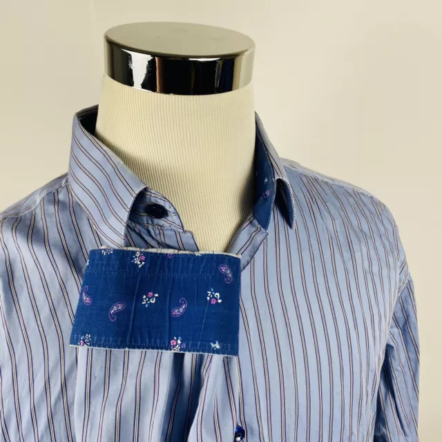 Jared Lang Mens XL Casual Shirt Blue Striped Floral Paisley Flip Cuffs Cotton