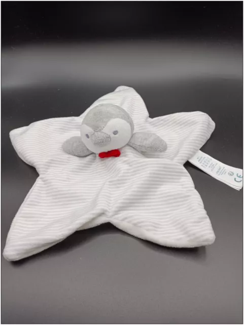 Doudou Pingouin - Obaibi Okaidi - Étoile - blanc gris et noeud rouge