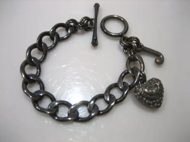 Juicy Couture Hematite Clear Pave Rhinestone Puffy Heart Banner Charm Bracelet 2