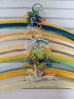 6 Vintage Old  Hand Crocheted / Knitted Wooden Coat Hangers Multicolor yellow
