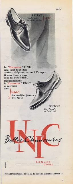 PUBLICITE ADVERTISING 074 1957 UNIC belles chaussures pour homme