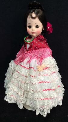 Vintage Porcelain Doll with Beautiful White Lace Dress with Pink & Red