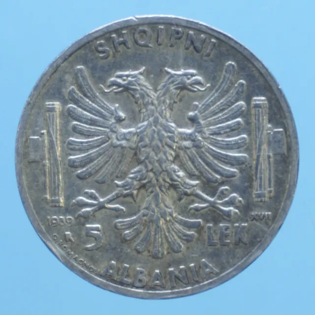 Albania Vittorio Emanuele Iii 5 Lek 1939 Roma Argento Silver Coin Spl Currency