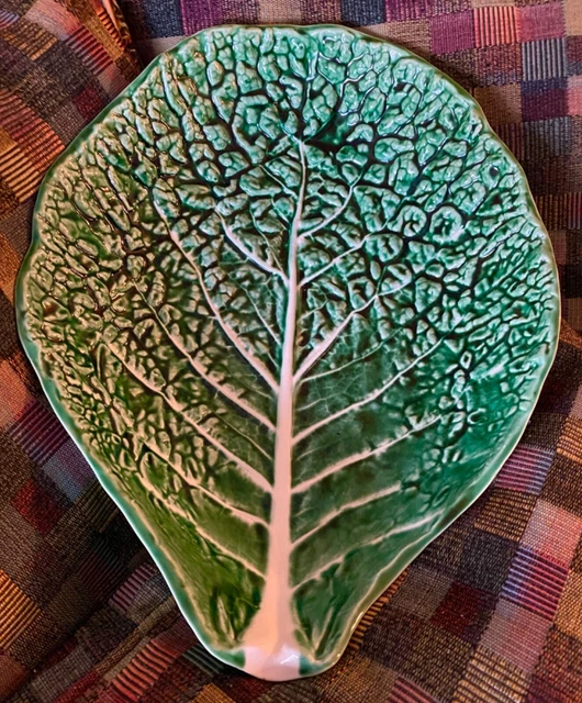 Vintage Secla Majolica Large Green Ceramic Cabbage Leaf Salad Bowl Dish Plate