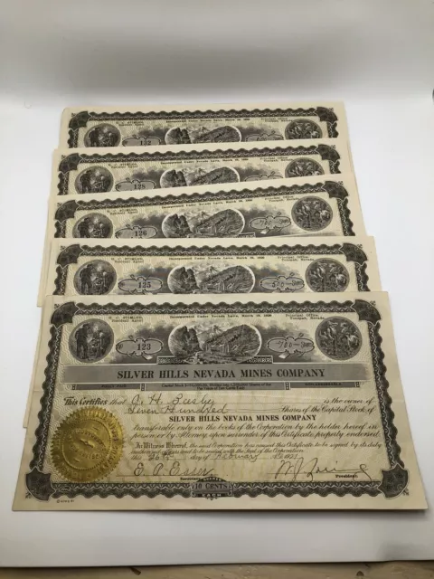 Lot of 5 Silver Hills Nevada Mines Company Certificates