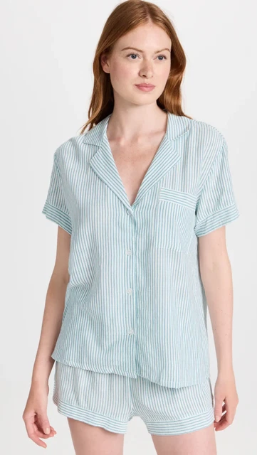 NEW Eberjey The Woven Short PJ Set Ocean Bay / Cloud Green Striped - Size Small