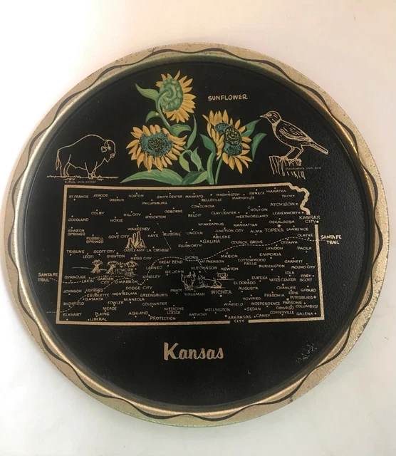 Vintage Kansas State Souvenir 11” ServingTray Map Sunflower Buffalo Meadowlark