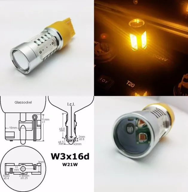 Ampoule De Voiture W21W 7442 T20 580 Jaune 16W Led Haute Puissance