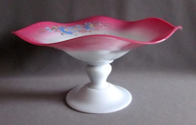ANTIQUE 19th Century VICTORIAN ART GLASS Hand Painted PINK & WHITE COMPOTE