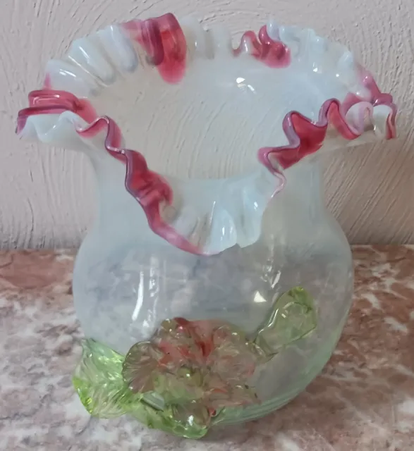 Stevens & Williams Victorian Art Glass Vase w/ Applied Vaseline Glass Floral