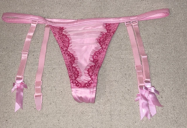 Vintage Victoria's Secret Pantie Thong Garter Belt Second Skin Satin Pink 0S