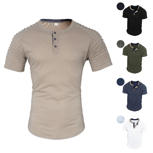 Uomo Manica Corta Croce Top Casual Largo Scollo V Vintage Estate Bottoni T-Shirt