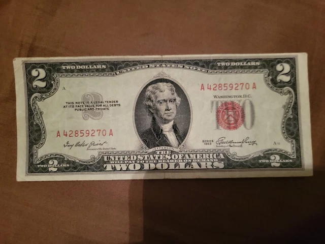 1953 $2 Two Dollar  bill red Seal Very Good Condition. Miss cut the top