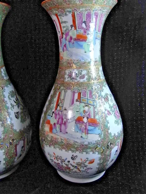 Ancienne Grande Paire De Vases Porcelaine Emaille Canton Chine Chinese Asiatique 6
