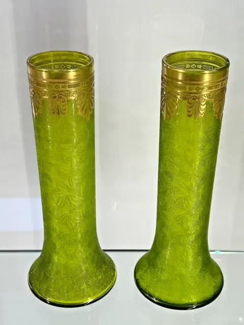 19c.Antique French Empire Baccarat Acid Etched Green Glass Ormolu Gild Vase Pair