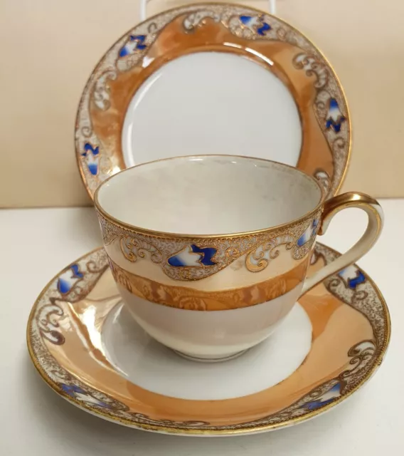 Antique Orange Lustre Porcelain Teacup Saucer and Plate Pearl Lustre Cup Inner