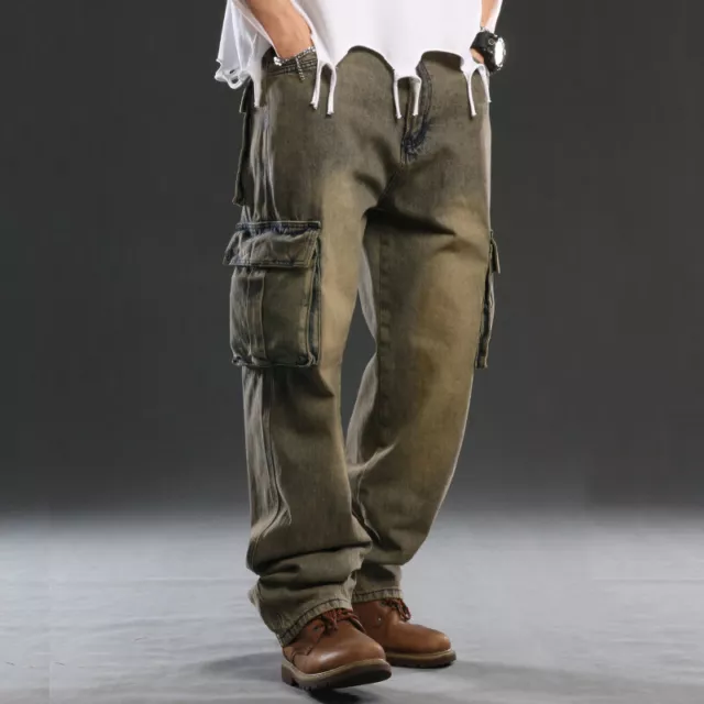 Men Baggy Jeans Hip Hop Denim Pants Cargo Pockets Loose Wide Leg Big Pocket