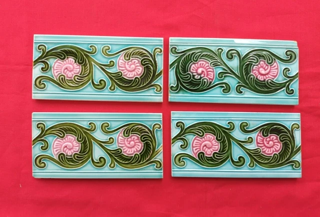 4 Piece Small Old Art Floral Design Majolica Ceramic Tiles Japan 0136