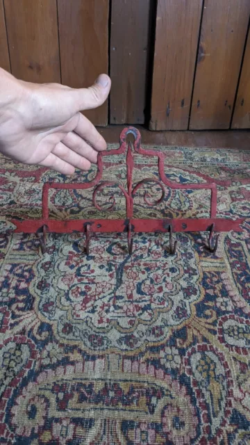 Rare Antique Early Metal Hand Forged 5 Hook Utensil Rack Old Red Paint 14"
