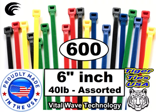 600 ASSORTED 6" inch Wire Cable Ties Nylon Tie Wraps 40lb USA Made Tiger Ties