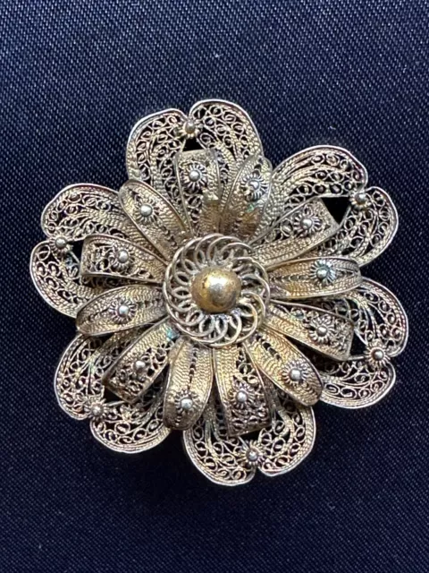 Superb Antique Italian Filigree Gold plated Brooch in a shape of a Flower -3.8cm