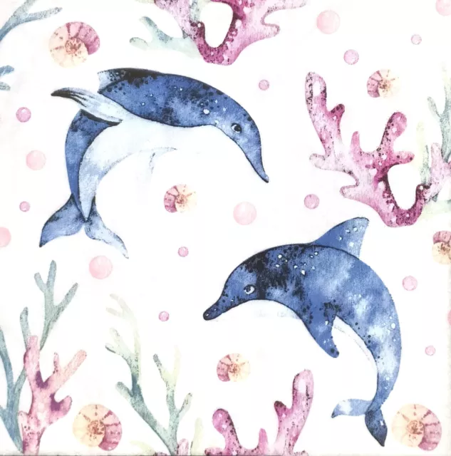 R489# 3 x Single Paper Napkins For Decoupage Painted Dolphins And Pink Corals