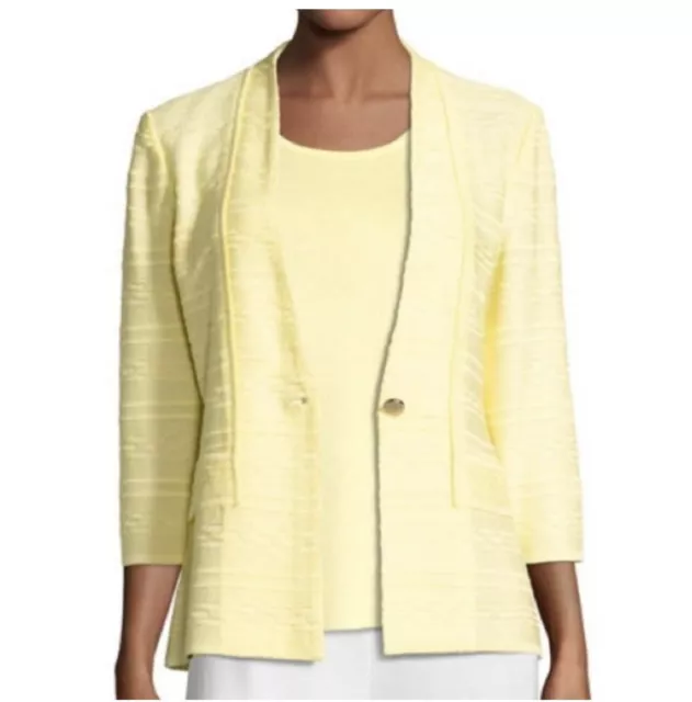 Misook | Textured One-Button Jacket Yellow Bright Cardigan 3/4 Sleeve Knit Large