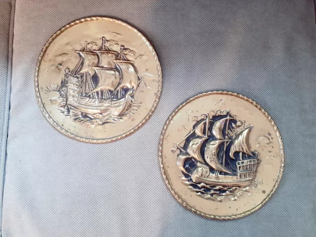 Vintage England 3D Brass Plates Wall Decor Tall Ships Galeons Set of 2