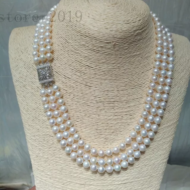 Pretty 3 Rows 6-7mm White Round Akoya Real Pearl Necklace 18inch Square Clasp