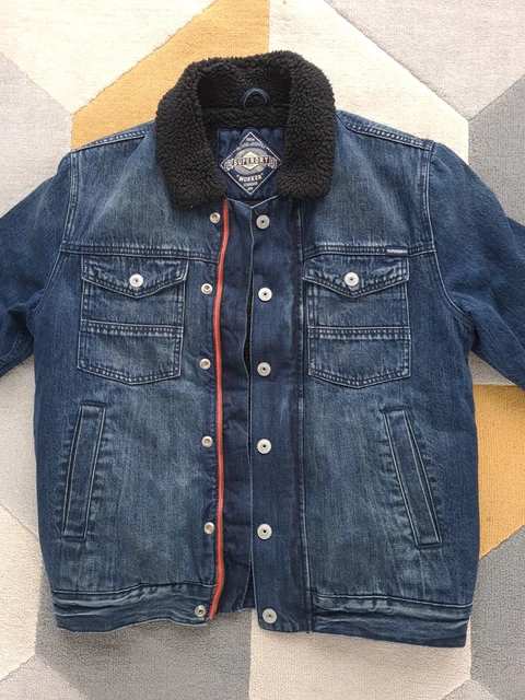 Superdry Trucker Sherpa Wool Jacket Mens Medium M Blue Denim Highwayman Style