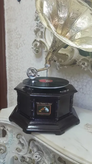 grammofono ottagonale funzionante con tromba colore oro stile antico