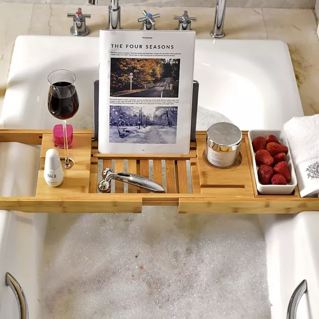 Bathroom Bamboo Bath Caddy Wine Glass Holder Table Tray Bathtub Rack Soap Shelf 3