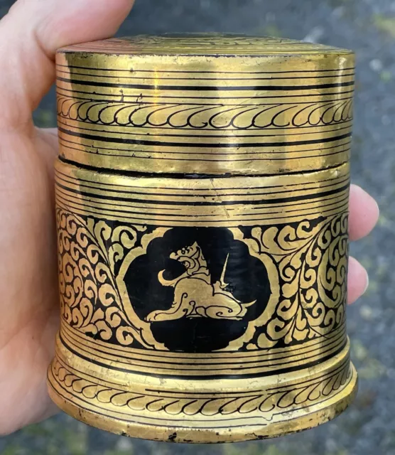 ANTIQUE - Vintage Burmese Lacquer Betel Cigarette Box Gold Black Burma