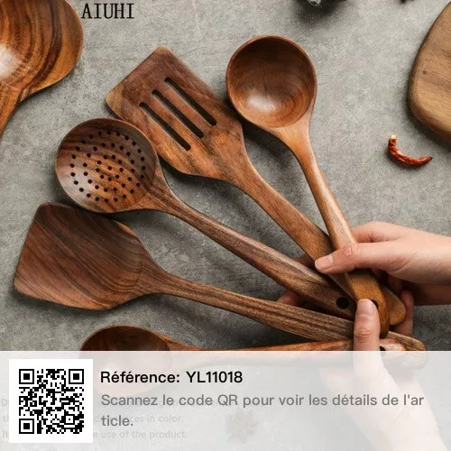 5 pcs Cuillères de cuisine en bois ustensiles de cuisine en teck naturel lot de