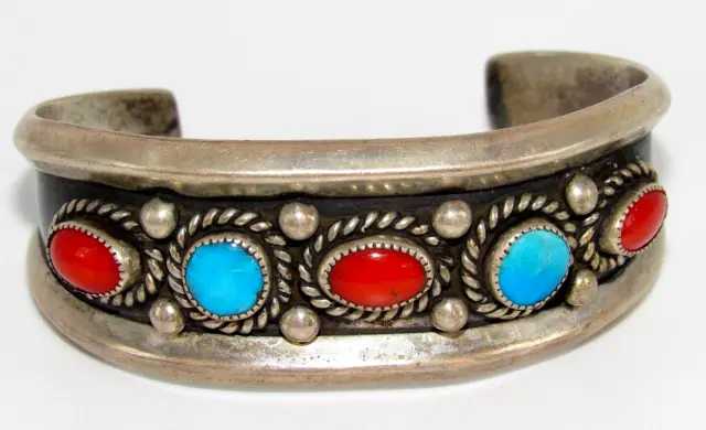 Old Pawn Navajo Turquoise Coral Statement Cuff Bracelet Sterling Silver