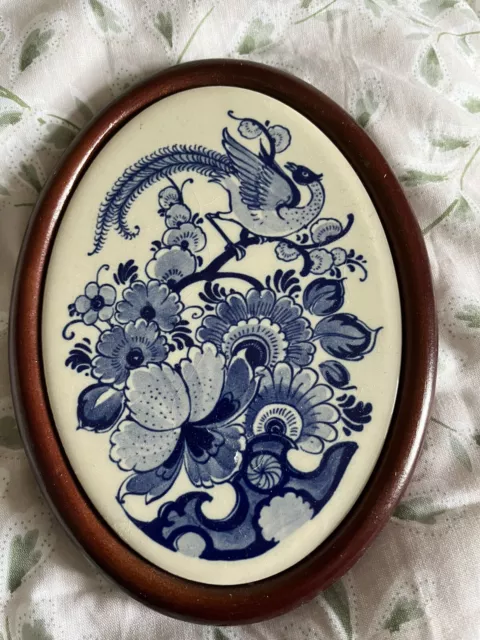 Blue White Delft Chinese Bird Oval Wall Tile Plaque in Wood Frame Vintage