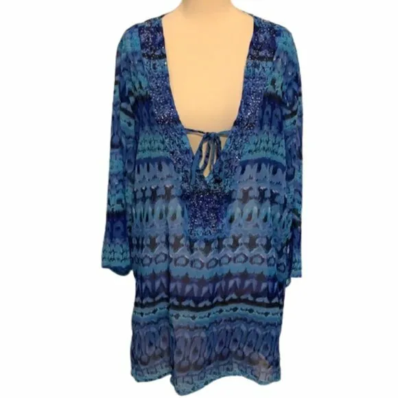 Raviya  Blue Beaded V-Neck Sheer Swimsuit Tunic Cover-Up - Medium