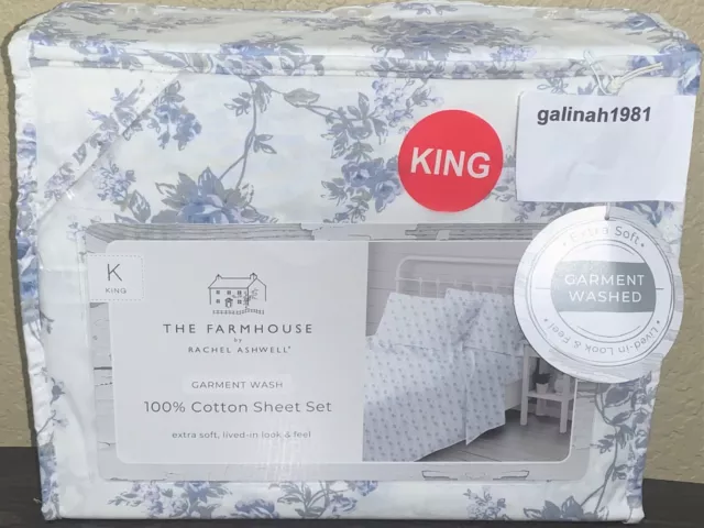 THE FARMHOUSE Rachel Ashwell Shabby Chic White Blue British Rose King Sheet Set