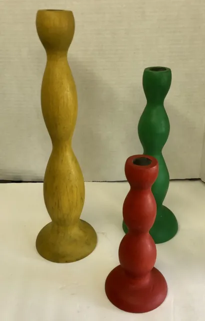 POTTERY BARN MCM Look Set of 3 Wood Turned Multi Colored Pillar Candle Holders